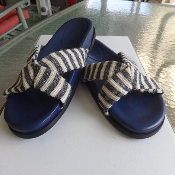 JF women's slide on sandals, size 11, blue /cream /white cloth top strap, cushy - Picture 1 of 10